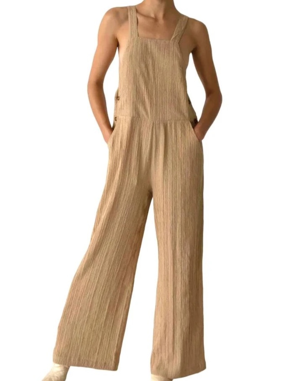 The Range Gauze Ripple Wide-Leg Jumpsuit in Beige